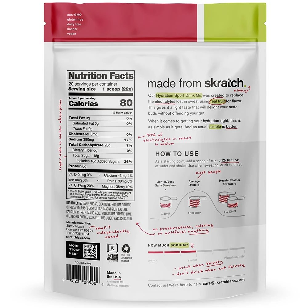 Skratch Labs Hydration Drink Mix 440g Raspberry Limeade 20 Serve 5 Skratch Labs Hydration Drink Mix 440g Raspberry Limeade 20 Serve - Image 3